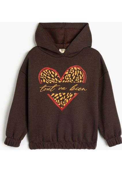 Uzun Kollu Kalp Baskılı Kapşonlu Sweatshirt