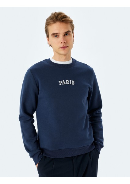 Bisiklet Yaka Pamuk Karışımlı Şardonlu Slogan Işlemeli Sweatshirt