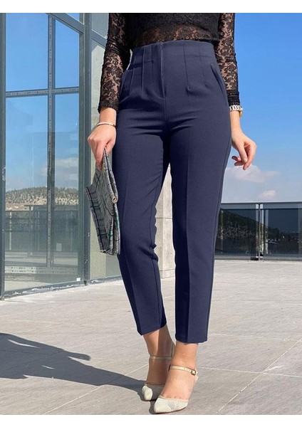 Kadın Yüksek Bel Pensli Havuç Kumaş Pantolon - Lacivert modelleri