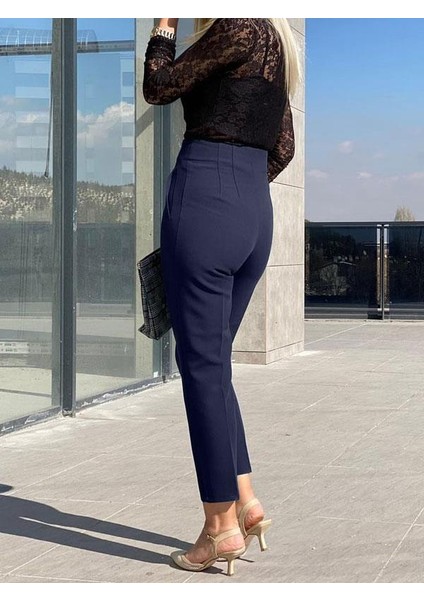 Kadın Yüksek Bel Pensli Havuç Kumaş Pantolon - Lacivert fırsatları