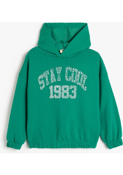 Slogan Baskılı Uzun Kollu Kapşonlu Sweatshirt