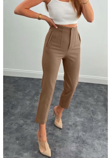 Kadın Yüksek Bel Pensli Havuç Kumaş Pantolon - Vizon fiyatları