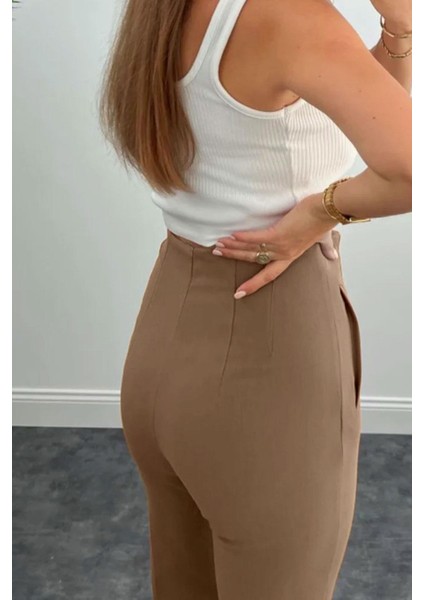 Kadın Yüksek Bel Pensli Havuç Kumaş Pantolon - Vizon modelleri