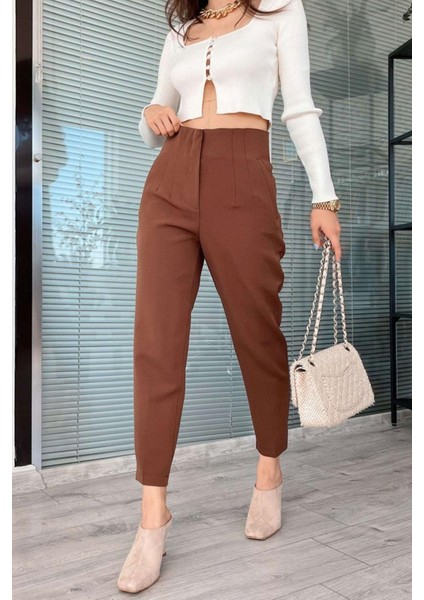 Kadın Yüksek Bel Pensli Havuç Kumaş Pantolon - Kahverengi