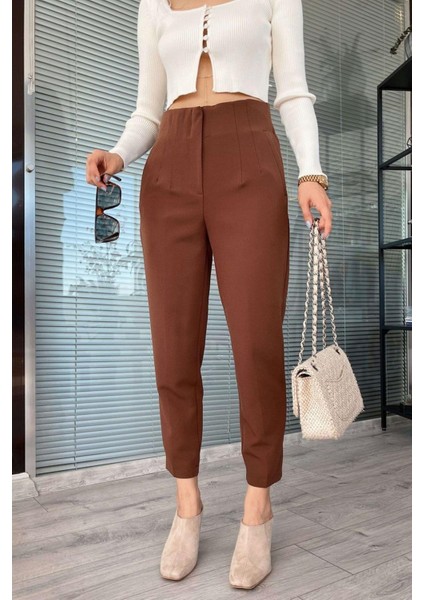 Kadın Yüksek Bel Pensli Havuç Kumaş Pantolon - Kahverengi modelleri