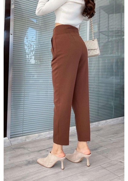 Kadın Yüksek Bel Pensli Havuç Kumaş Pantolon - Kahverengi fırsatları