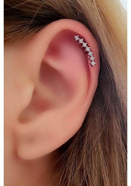 7 sıra tasli zirkon 316L cerrahi anti alerjik celik tragus veya kikirdak helix piercing bar uzunluk 6mm kalinlik 1mm 1.2 mm