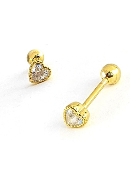 Pırlanta Parlaklığında Zirkon Taşlı 925AYAR Gümüş Altın Kalp Figürlü Tragus Piercing