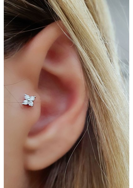 Zirkon Taşlı Çiçek Figürlü 925AYAR Gümüş Tragus Kıkırdak Piercing