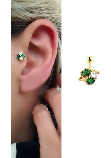 Yeşil Baget Zirkon Taş Detaylı 925AYAR Gümüş Üzerine Altın Kaplama Luxury Tasarım Tragus Kıkırdak Helix Piercing