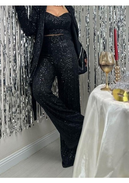 5518 Kemerli Payet Pantolon Siyah
