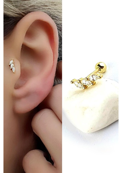 Zirkon Taşlı 925AYAR Gümüş Üzerine Altın Kaplama Tragus Kıkırdak Helix Piercing