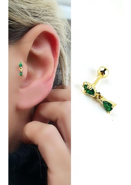 Yeşil Zirkon Taşlı 925AYAR Gümüş Üzerine Altın Kaplama Sallantılı Tragus Helix Kikirdak Piercing