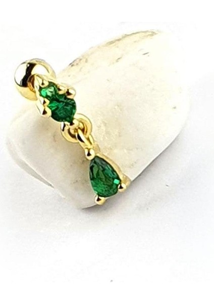 Yeşil Zirkon Taşlı 925AYAR Gümüş Üzerine Altın Kaplama Sallantılı Tragus Helix Kikirdak Piercing modelleri