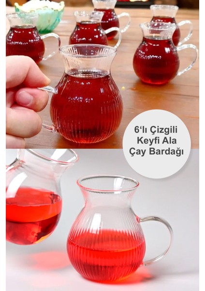 6 Adet Tombul Çizgili Keyfi Ala Çay Bardağı - Kulplu Çay Bardağı