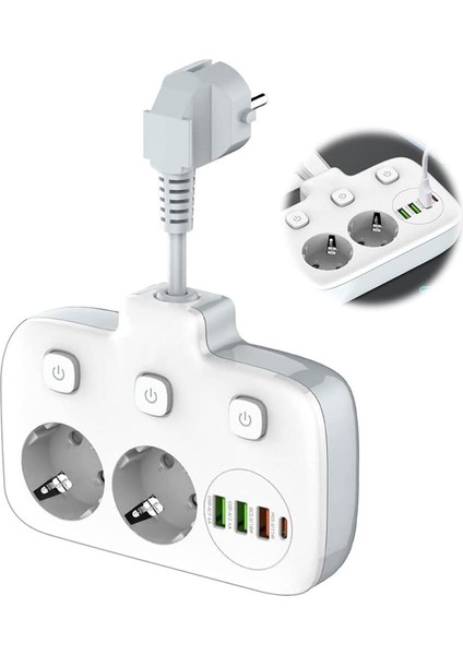 Kablolu Priz USB 6 'sı Birarada Çoklu Priz 2priz + 3 USB 1 Pd & Qc3.0 1 Typc E Akım Korumalı fiyatları