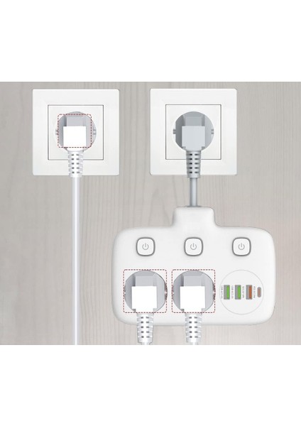Kablolu Priz USB 6 'sı Birarada Çoklu Priz 2priz + 3 USB 1 Pd & Qc3.0 1 Typc E Akım Korumalı modelleri