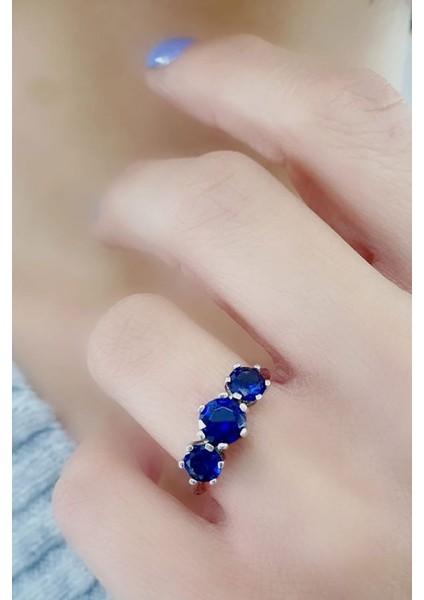 Sky Diamond Blue Creative Sapphire 925AYAR Gümüş Tria Yüzük