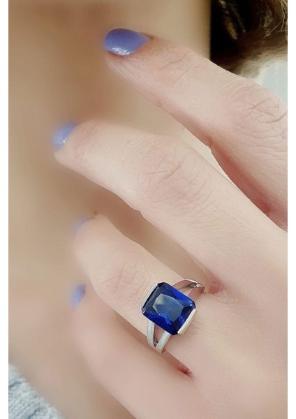 Sky Diamond Blue Creative Sapphire 925AYAR Gümüş Dikdörtgen Baget Yüzük