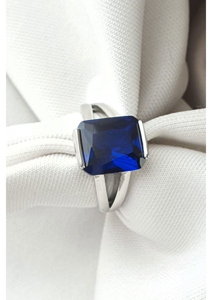 Sky Diamond Blue Creative Sapphire 925AYAR Gümüş Dikdörtgen Baget Yüzük