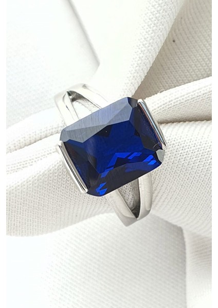Sky Diamond Blue Creative Sapphire 925AYAR Gümüş Dikdörtgen Baget Yüzük