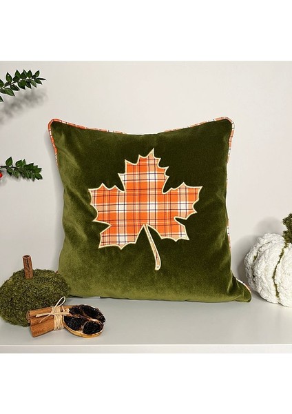Ekose Yaprak Aplike Yeşil Lüks Kadife Kırlent Kılıfı