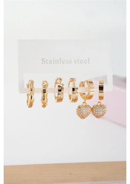 Kadın Vip Seri Baget Zirkon Taşlı Kalp Model Klipsli 6'lı Set Küpe