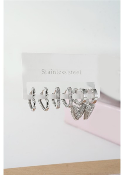 Kadın Vip Seri Baget Zirkon Taşlı Kalp Model Klipsli 6'lı Set Küpe