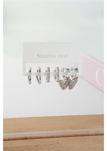 Kadın Vip Seri Baget Zirkon Taşlı Kalp Model Klipsli 6'lı Set Küpe modelleri