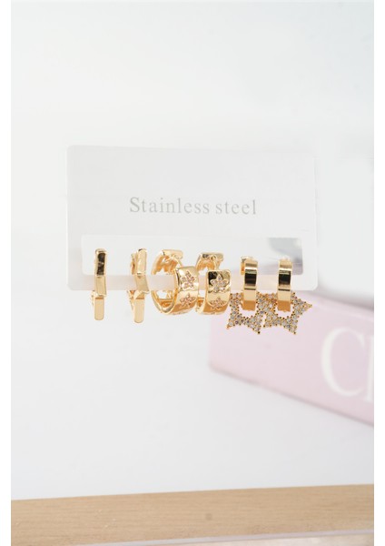 Kadın Vip Seri Baget Zirkon Taşlı Klipsli 6'lı Set Küpe