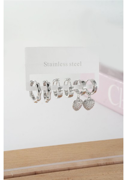 Kadın Vip Seri Baget Zirkon Taşlı Kalp Model Klipsli 6'lı Set Küpe