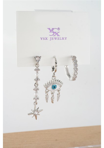 Kadın Vip Seri Antialerjik Baget Zirkon Taşlı 3'lü Küpe