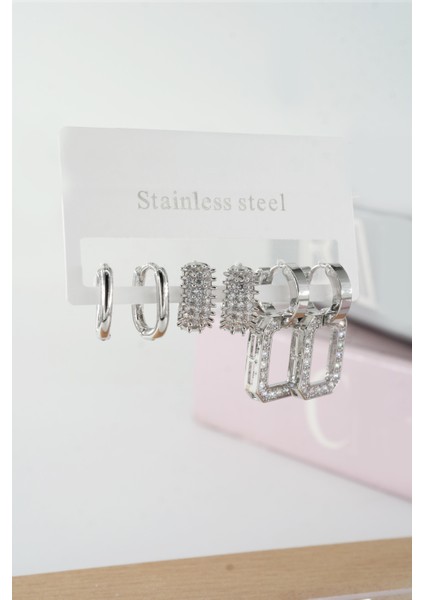 Kadın Vip Seri Baget Zirkon Taşlı Klipsli 6'lı Set Küpe