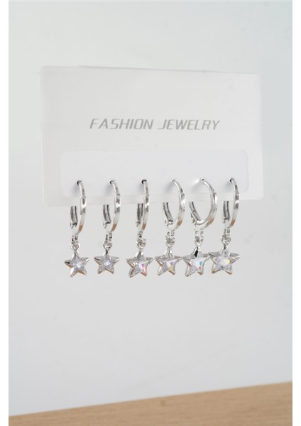 Kadın Zirkon Taşlı Sallantılı Yıldız Figürlü Klipsli 6'lı Küpe Seti