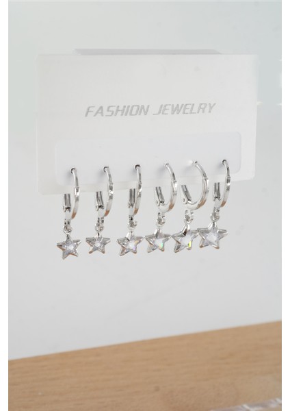 Kadın Zirkon Taşlı Sallantılı Yıldız Figürlü Klipsli 6'lı Küpe Seti fiyatları