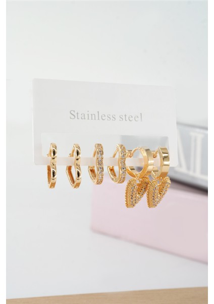 Kadın Vip Seri Baget Zirkon Taşlı Kalp Model Klipsli 6'lı Set Küpe