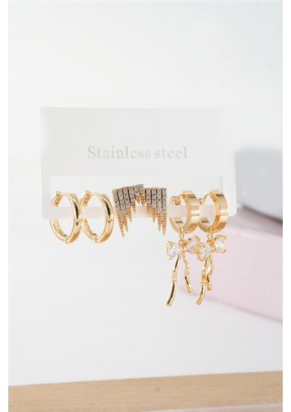 Kadın Vip Seri Baget Zirkon Taşlı Kurdele Model Klipsli 6'lı Set Küpe