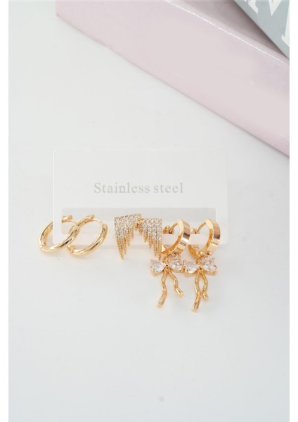 Kadın Vip Seri Baget Zirkon Taşlı Kurdele Model Klipsli 6'lı Set Küpe fiyatları