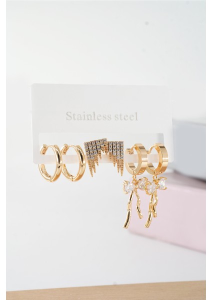 Kadın Vip Seri Baget Zirkon Taşlı Kurdele Model Klipsli 6'lı Set Küpe modelleri