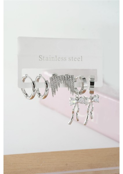 Kadın Vip Seri Baget Zirkon Taşlı Kurdele Model Klipsli 6'lı Set Küpe