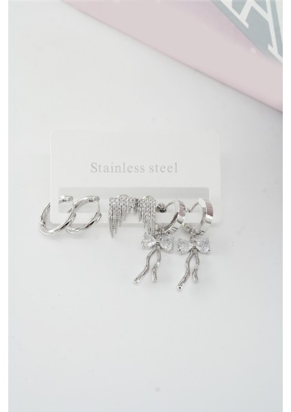 Kadın Vip Seri Baget Zirkon Taşlı Kurdele Model Klipsli 6'lı Set Küpe fiyatları