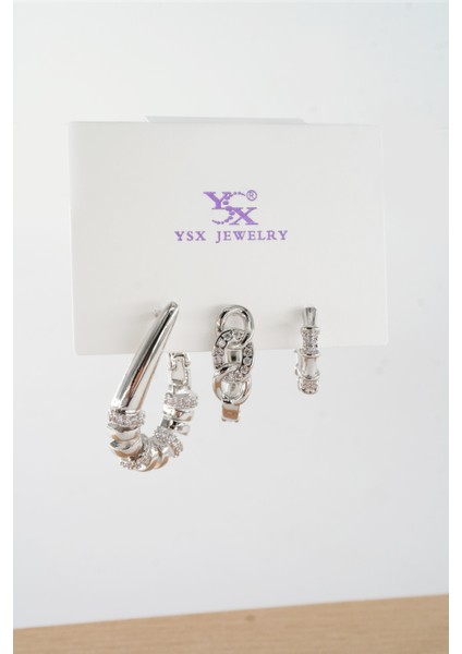 Kadın Vip Seri Antialerjik Baget Zirkon Taşlı 3'lü Küpe