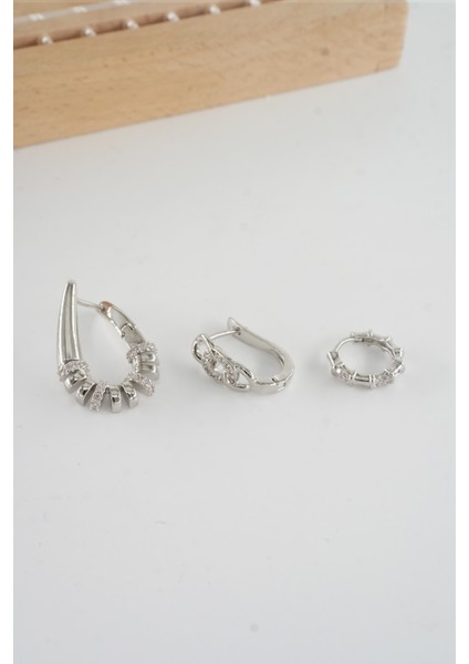 Kadın Vip Seri Antialerjik Baget Zirkon Taşlı 3'lü Küpe modelleri