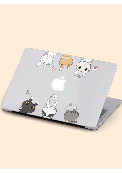 Macbook Air (M2-M3) Kılıf 15 Inç A3114-A2941 2023/2024 Şeffaf Sert Kapak Koruma Macup-23 Kediler Hello Turuncu