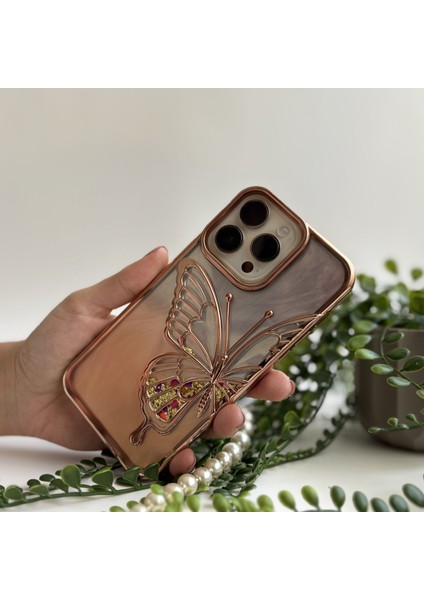 Simli Kelebek Lüks Apple iPhone 15 Plus Kılıf Siyah