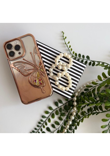 Simli Kelebek Lüks Apple iPhone 15 Plus Kılıf Siyah