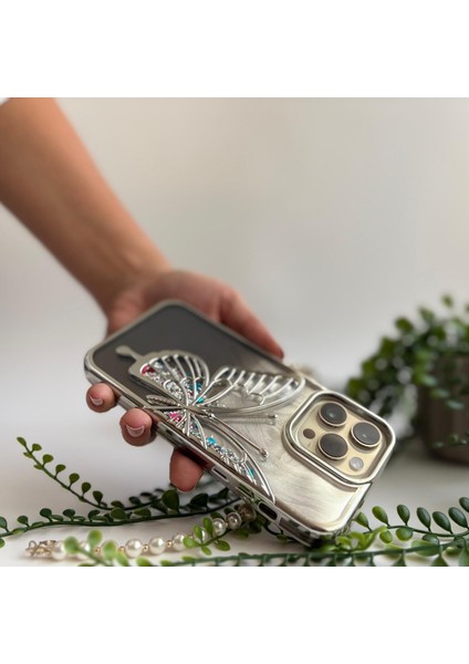 Simli Kelebek Lüks Apple iPhone 15 Plus Kılıf Siyah