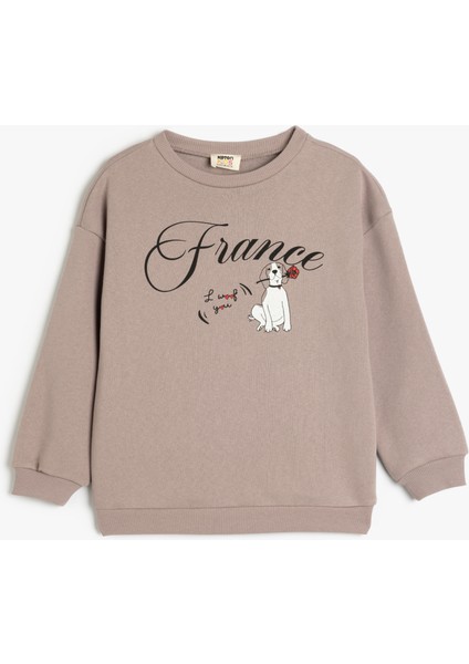 Köpek Baskılı Bisiklet Yaka Uzun Kollu Pamuklu Sweatshirt