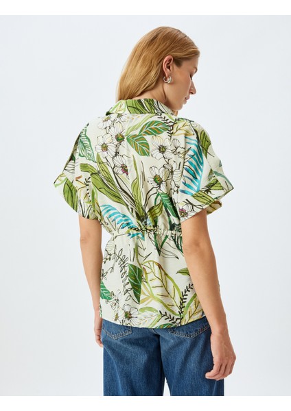 Floral Desenli Beli Bağlama Detaylı Viskon Kısa Kollu Oversize Gömlek fırsatları