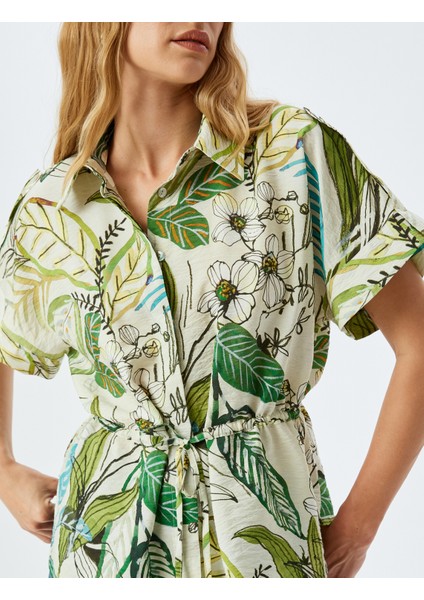 Floral Desenli Beli Bağlama Detaylı Viskon Kısa Kollu Oversize Gömlek indirimleri